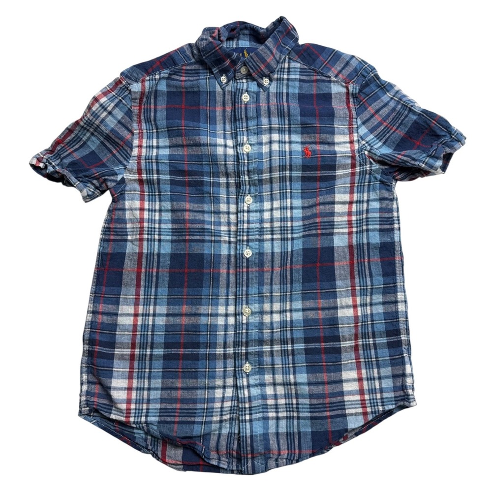 Ralph Lauren Kids Blue Plaid Linen Cotton Short Sleeve Button Down Shirt M 10-12